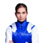 A woman wearing a blue and white jacket.