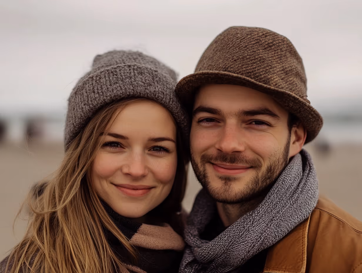 Junges Paar in Winterkleidung lächelt gemeinsam am Strand in die Kamera.