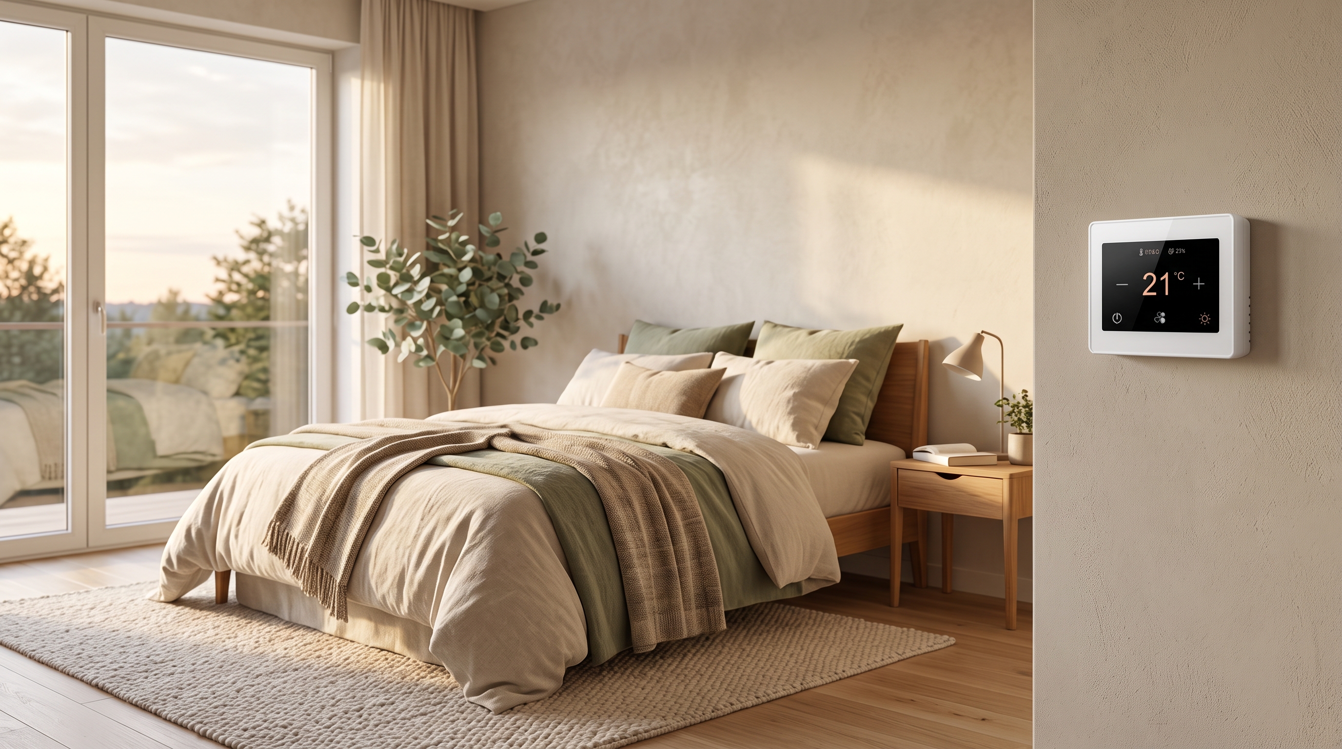 Lit avec draps blancs dans une chambre d'hôtel éclairée