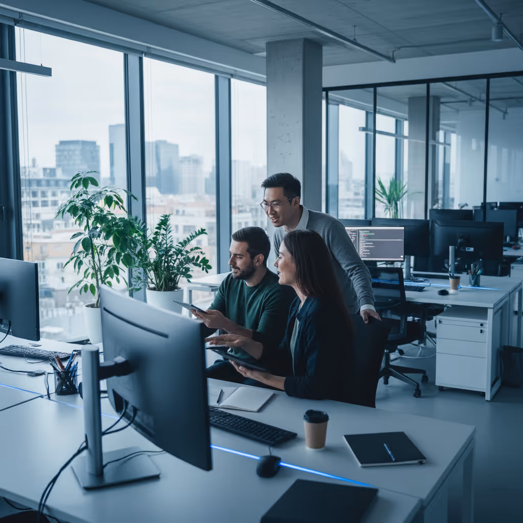 Industrial Intelligence colleagues collaborating in front of a large screen in a bright office, discussing AI solutions and manufacturing data to optimize production.