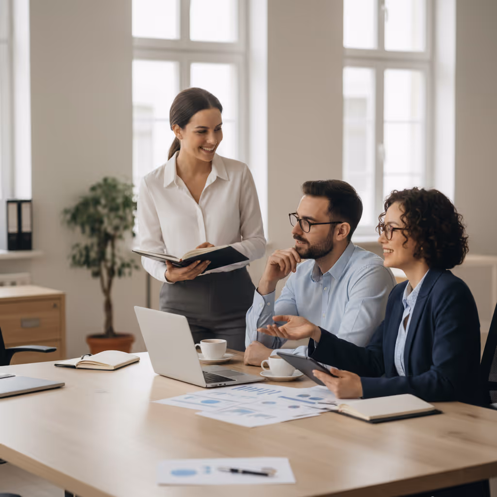 Industrial Intelligence HR team meeting in a bright office, discussing recruitment, talent development and employee experience in the digital manufacturing sector.