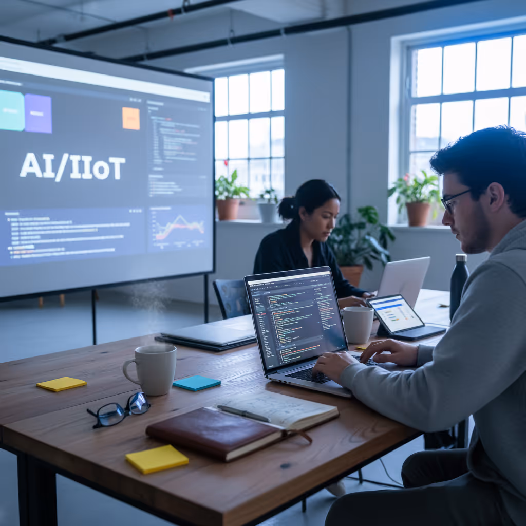 Industrial Intelligence developers working on AI and IIoT projects in a modern office, writing code to optimize manufacturing production.