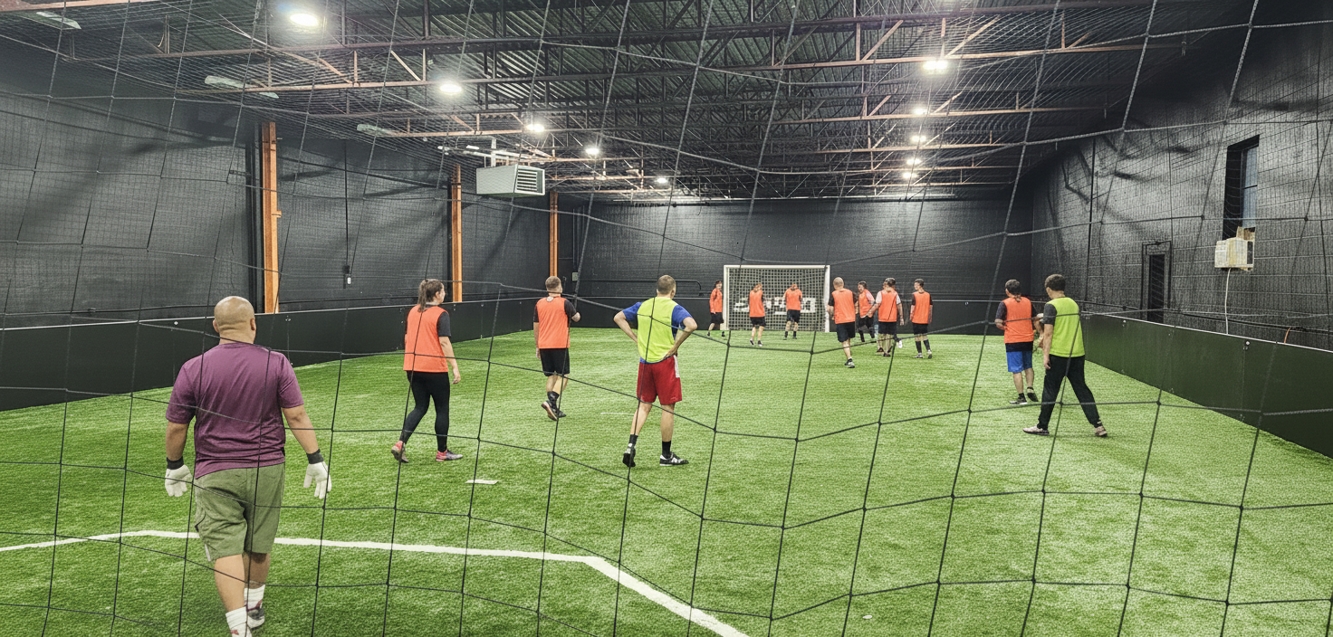 Industrial Intelligence employees playing an indoor soccer game during a wellness committee activity, illustrating camaraderie, team spirit, and work-life balance.