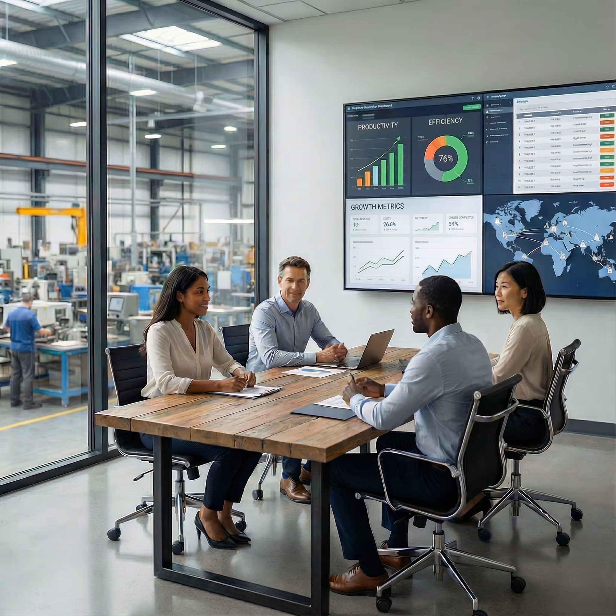 Meeting between manufacturing partners and Intelligence Industrielle experts in a glass-walled conference room overlooking the shop floor, reviewing real-time dashboards (productivity, efficiency, growth) to plan digital transformation projects using real-time monitoring, smart forms, CLIP digital work instructions and a lightweight MES.
