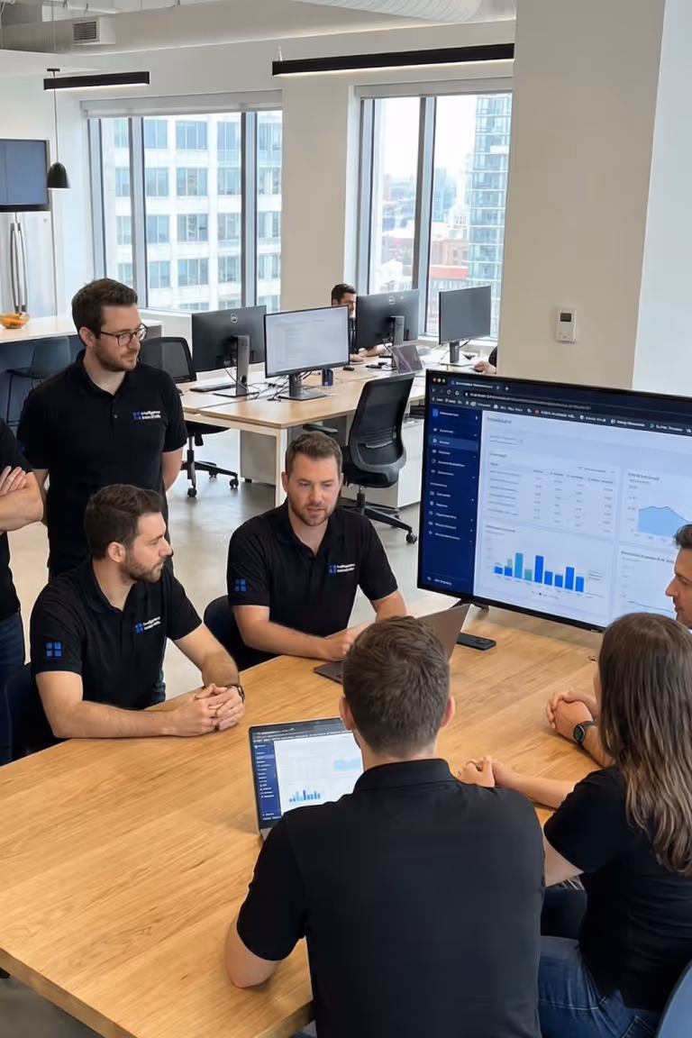 Team meeting in the office: colleagues in black polo shirts around a table, reviewing an analytical dashboard on the big screen in a bright workspace.