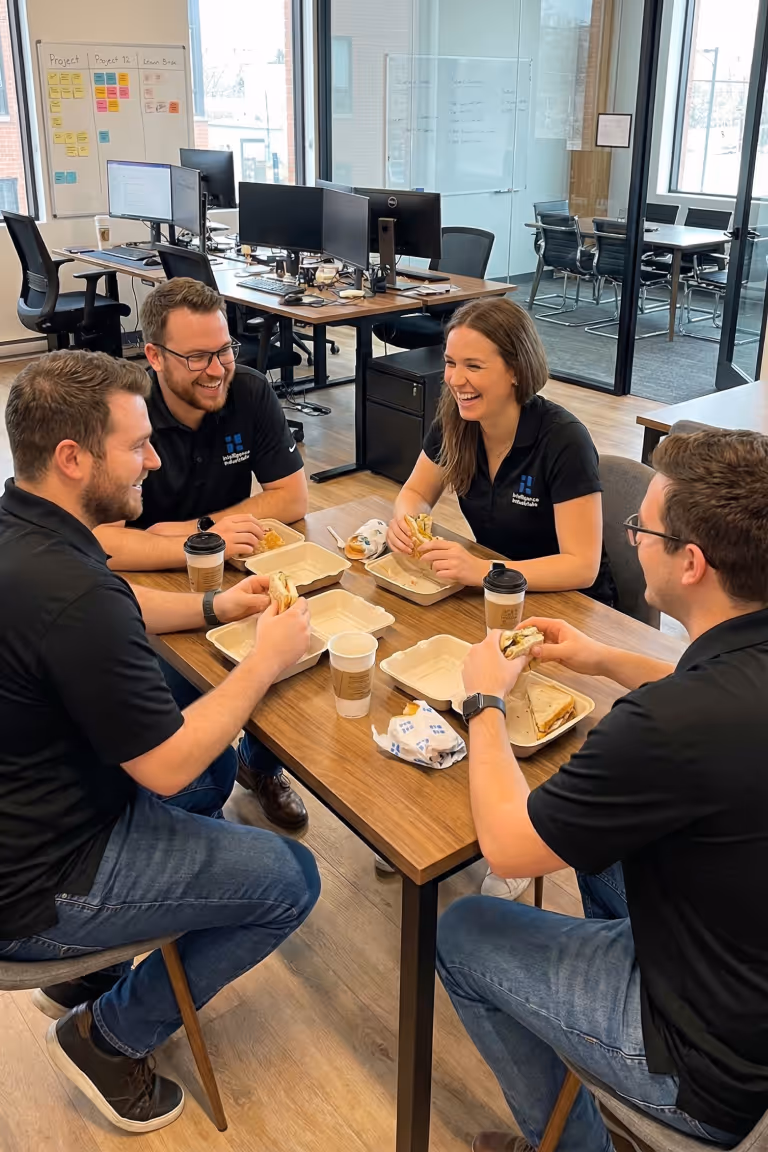 Technological team in a manufacturing environment sharing a lunch at the office, collaboration and corporate culture