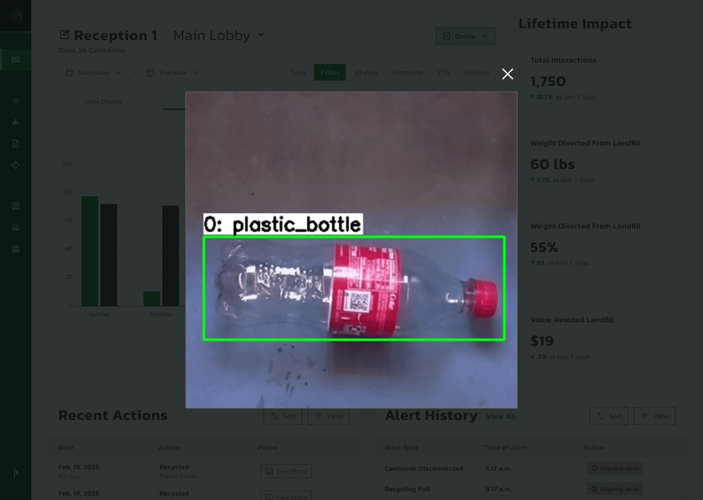 The MyMatR dashboard's container screen showing an image of a recently deposited plastic bottle