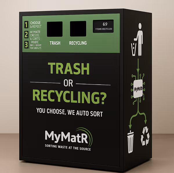 Concept for the MyMatR Maestro showing trash and recycling holes and a feedback display screen