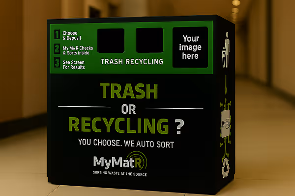 Concept for the MyMatR Maestro showing trash and recycling holes and a feedback display screen