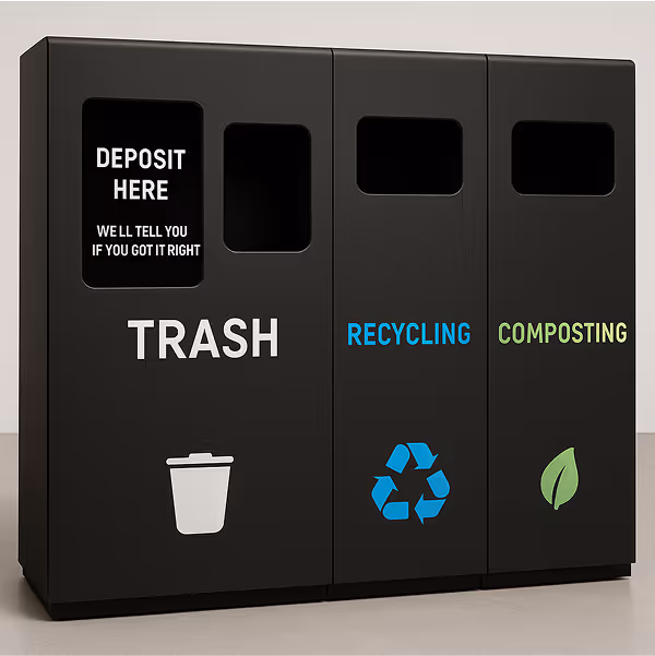 Concept of the MyMatR Coach with deposit holes for trash, recycling, and composting with a display screen for feedback.