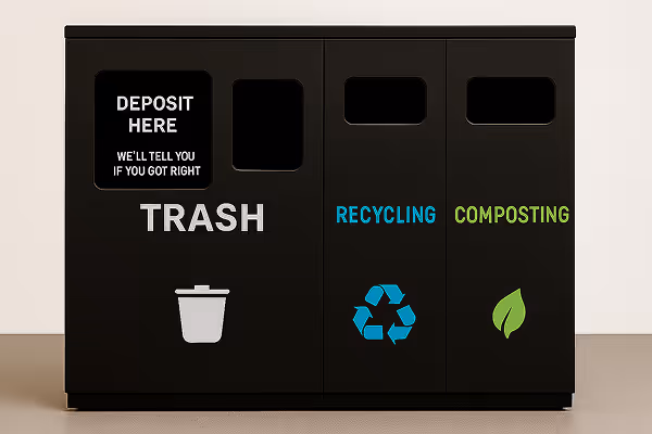Concept of the MyMatR Coach with deposit holes for trash, recycling, and composting with a display screen for feedback.