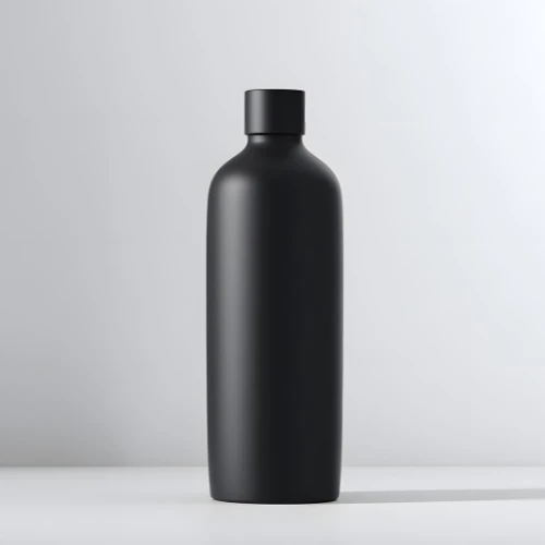 Matte black bottle with rounded shoulders and a screw cap on a light gray surface and background.