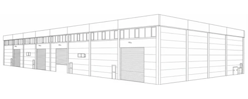Line drawing of a large industrial warehouse building with multiple loading dock doors.