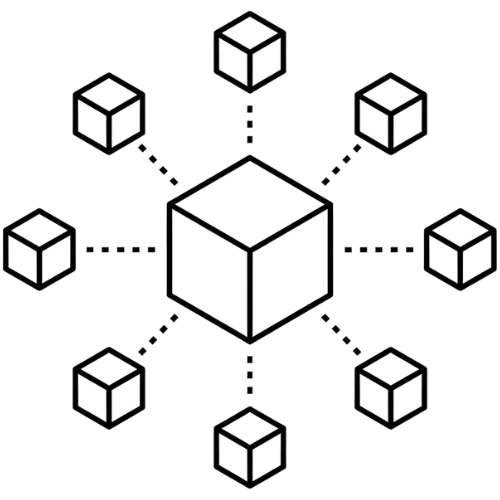 Central hexagonal hub connected to six surrounding hexagonal nodes representing a network or integration concept.