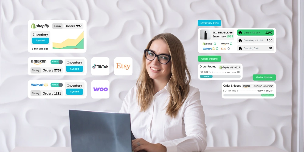 Smiling woman with glasses working on a laptop with floating e-commerce platform logos and order inventory sync details around her.