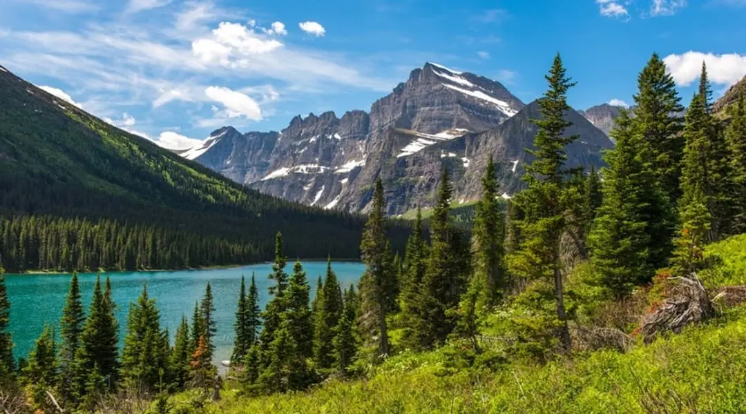 Montana landscape featuring a clear alpine lake, pine forest, and dramatic mountain peaks, highlighting the state’s natural beauty.
