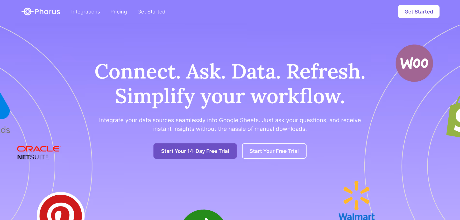Pharus website header with navigation links, tagline 'Connect. Ask. Data. Refresh. Simplify your workflow.', and buttons for starting a free trial, surrounded by logos of integrations like Oracle NetSuite, WooCommerce, Pinterest, and Walmart on a purple gradient background.