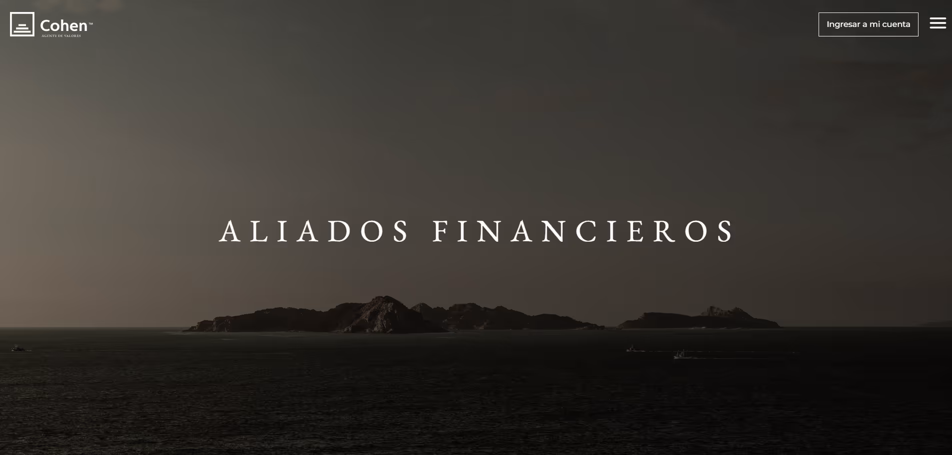 Coastal island landscape at dusk with the text 'ALIADOS FINANCIEROS' centered over the water.
