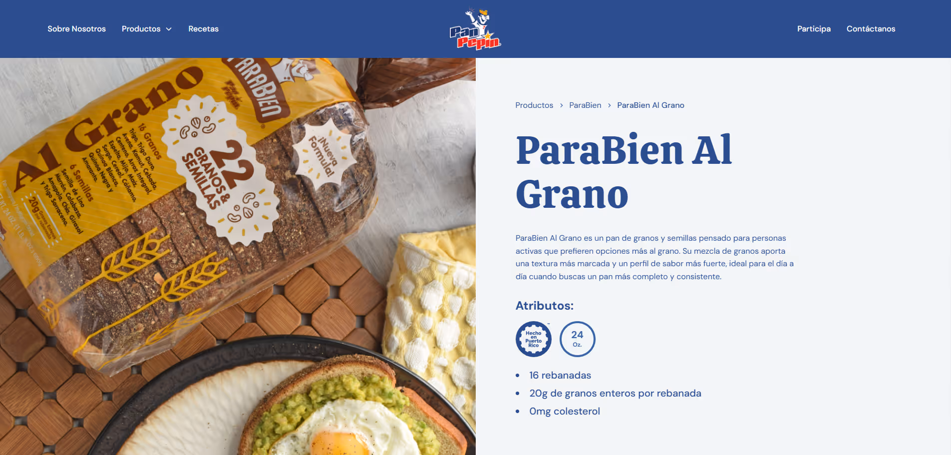 Whole grain sandwich bread package labeled ParaBien Al Grano with 22 grains and seeds next to a plate holding toast topped with avocado and a fried egg.