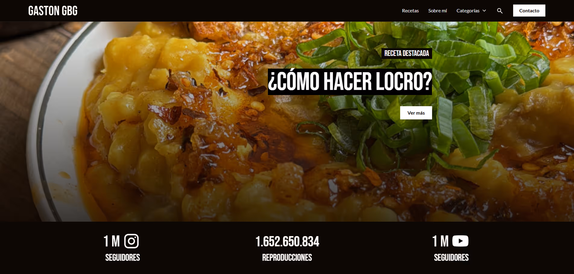 Close-up of a traditional locro dish with green onions, featured on a food blog page header with navigation and social media follower stats.