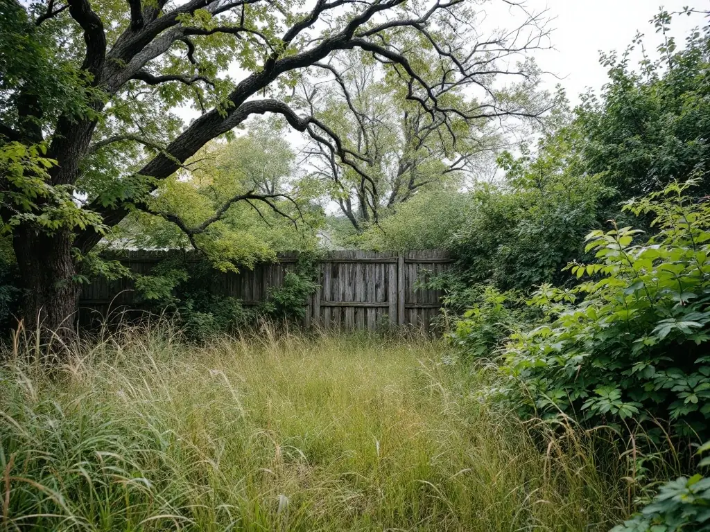 Overgrown yard with tall grass, dense bushes, large tree, and a wooden fence in the background.