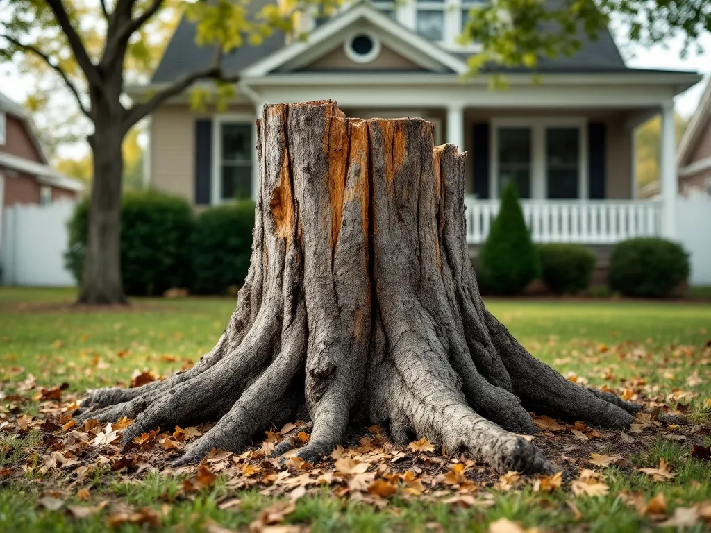 An unsightly stump sits in front of someone's house.