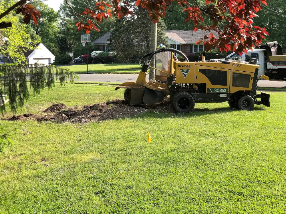 A stump grinder removes a stump in a yard in a residential area.