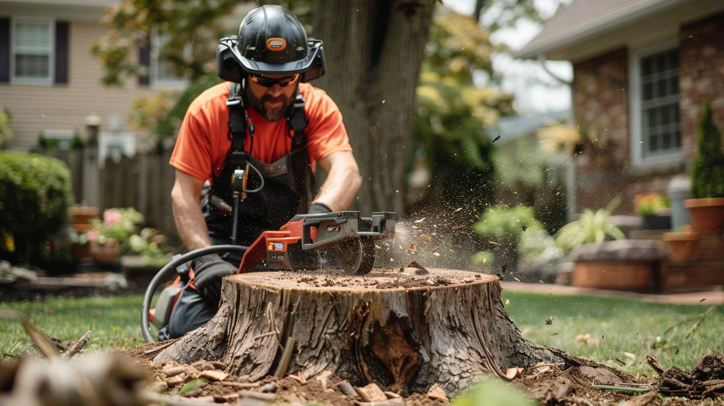 A man is using machinery to cut a stump in a front yard.