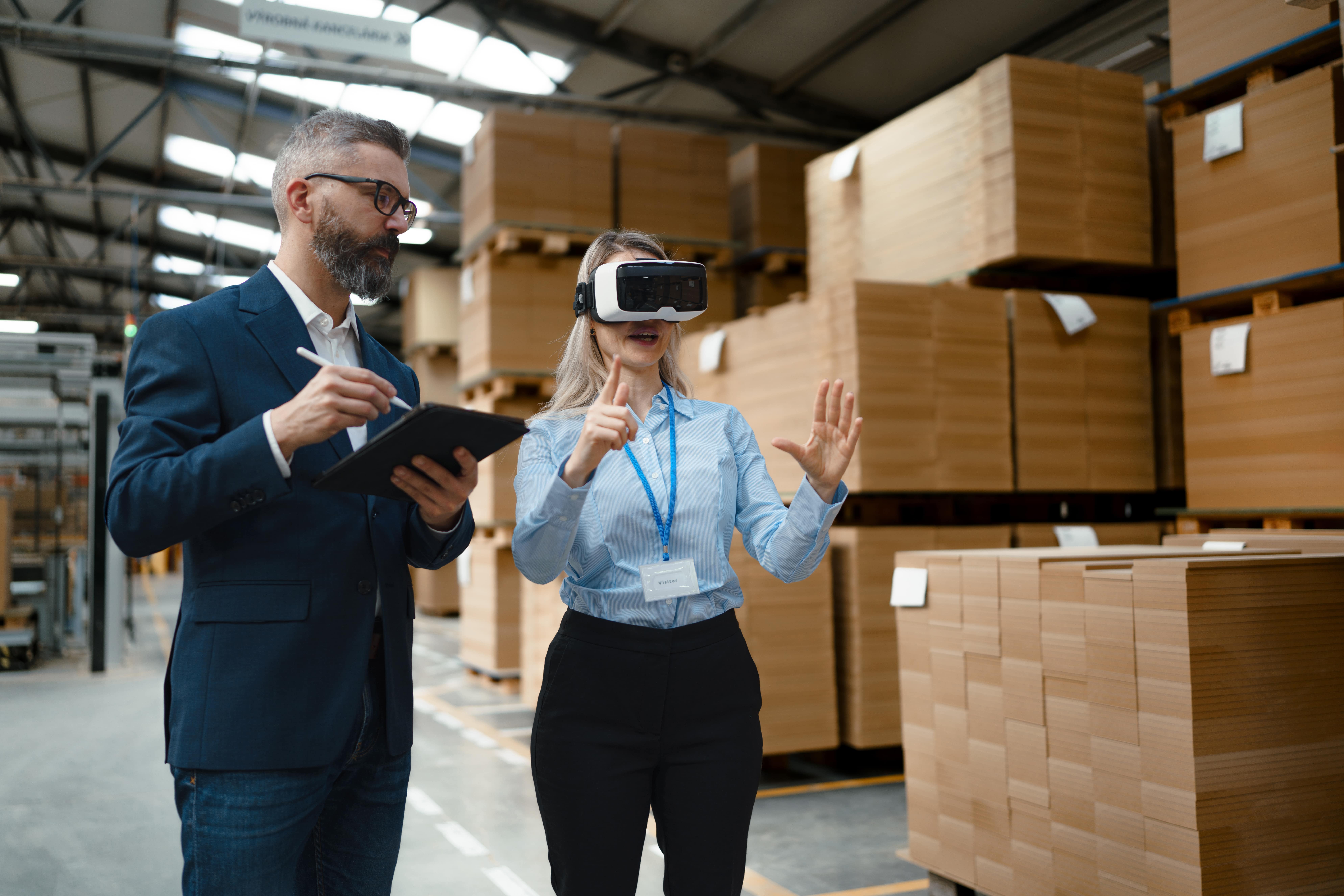 Warehouse managers talking logistics using AR, controlling stock levels, discussing shipping process. 