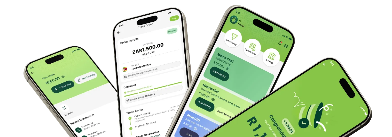 Phones display mama money app ui