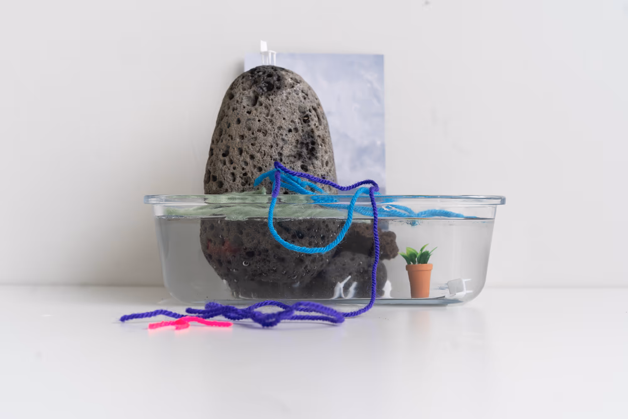 As the hour turns blue, 2023, Media: Photography, various props, miniature plastic chairs and plant, glass container, volcanic rock, wool