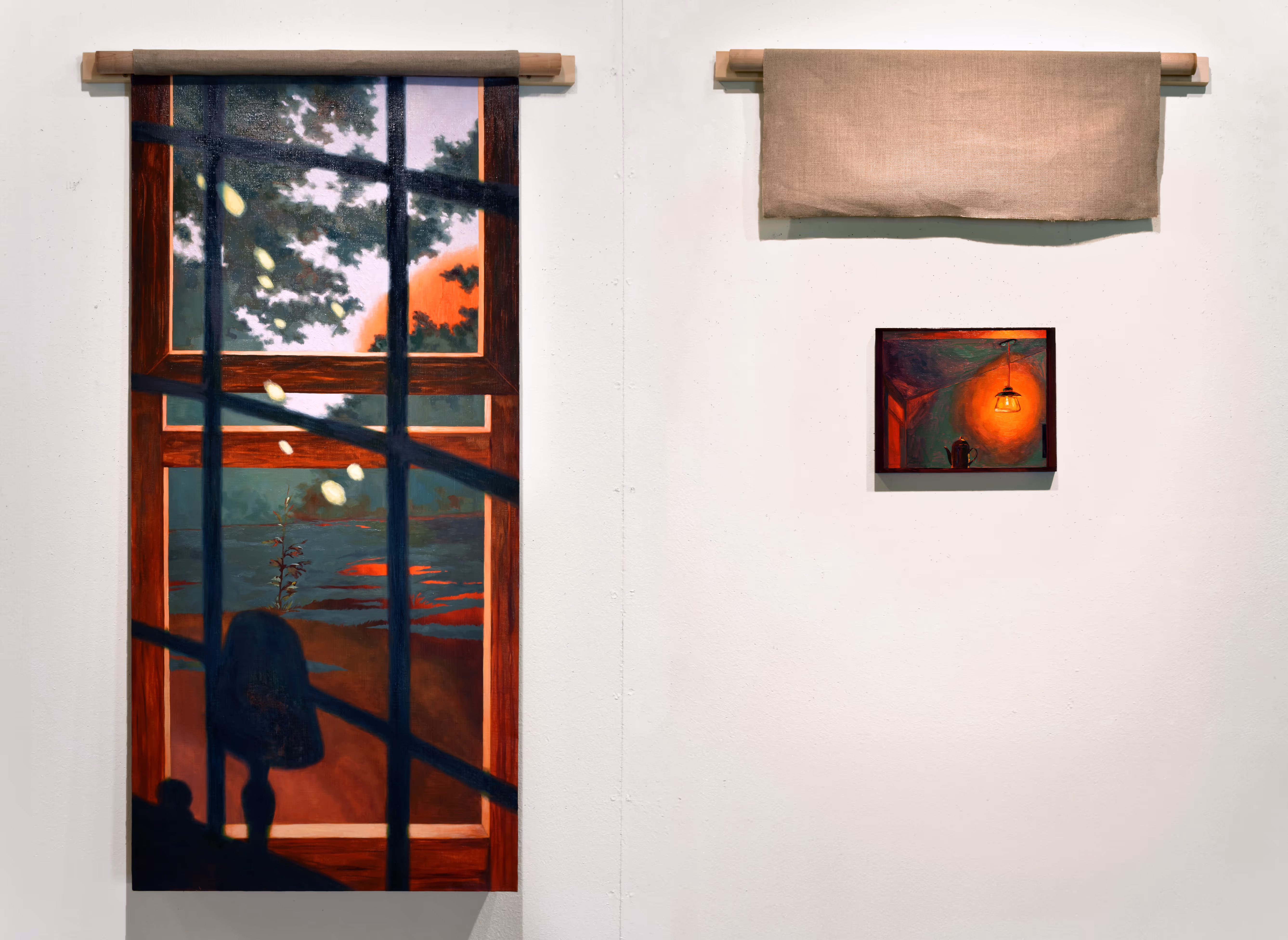 I can, therefore I am, 2024, Oil on linen and wood panel, raw linen, pine wood, dowels, Installation 5 x 6 ft