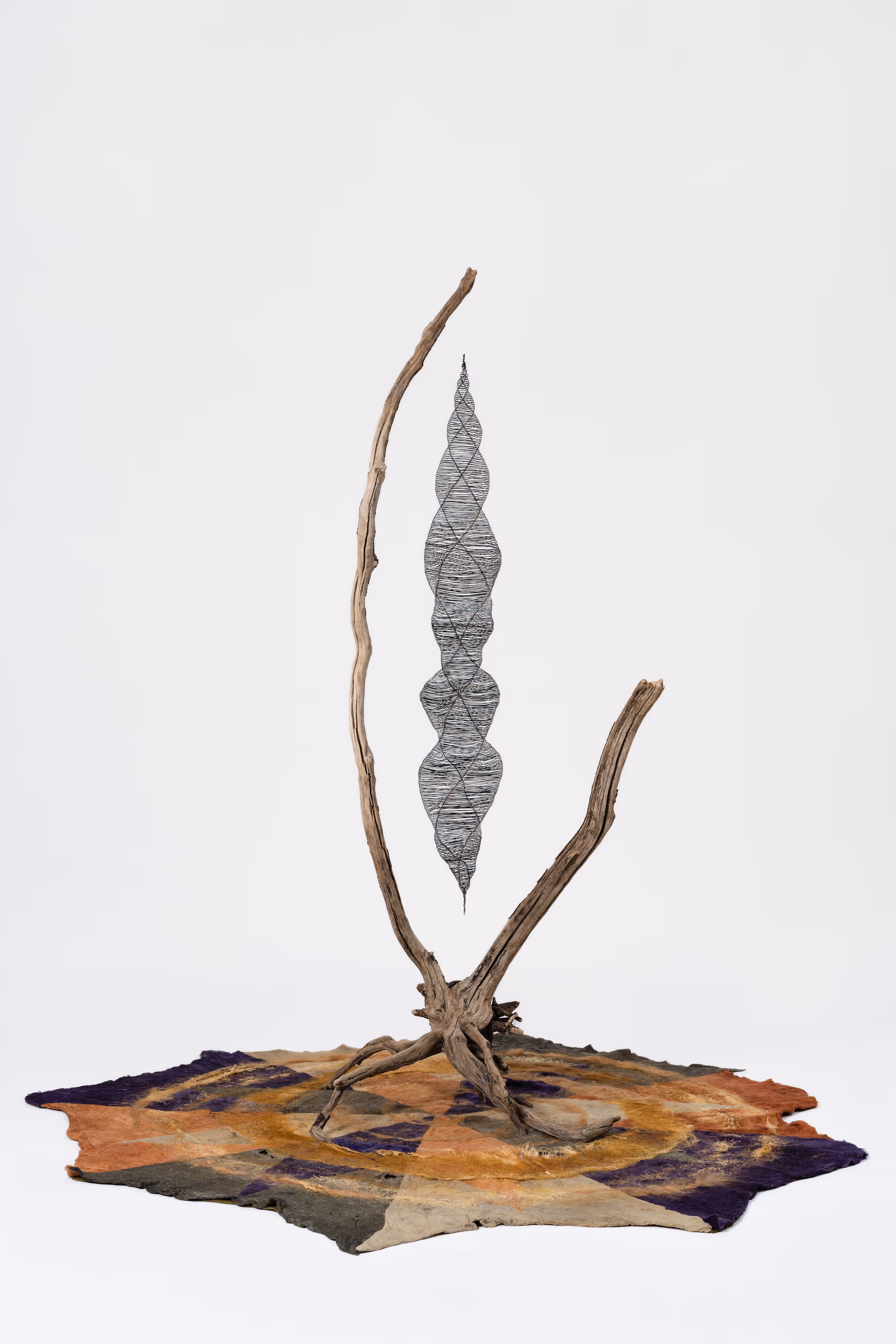 Anima Loci, 2023, Aluminum, copper, wool, driftwood, natural dye, roots, 9 x 7 x 7 ft