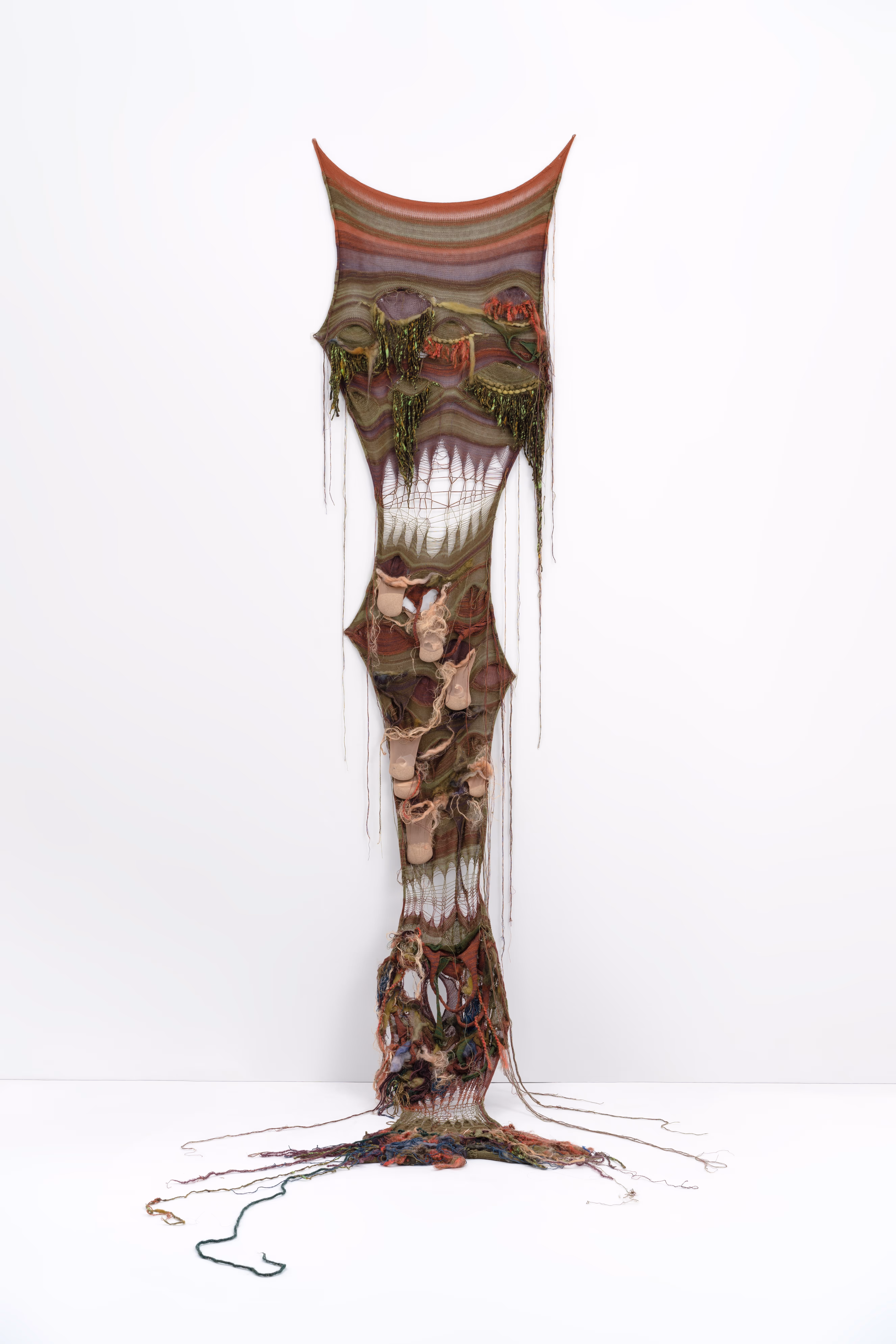 Lernaean Hydra, 2022, Wool, cotton, shells, sand, aluminum wire, 8 x 2 ft