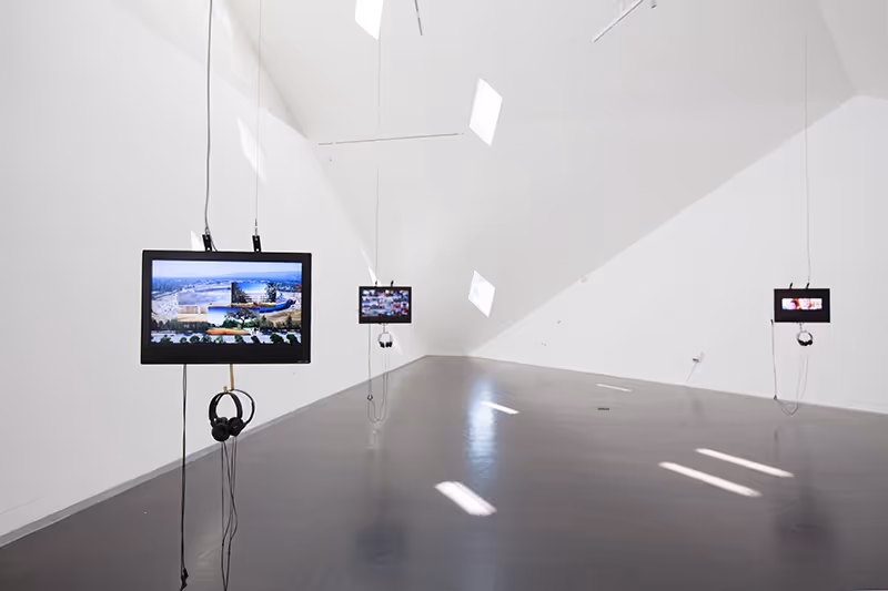 Silicon Landscapes, 2017, install view at Contemporary Jewish Museum of 3-channel high definition video, 15:59min.