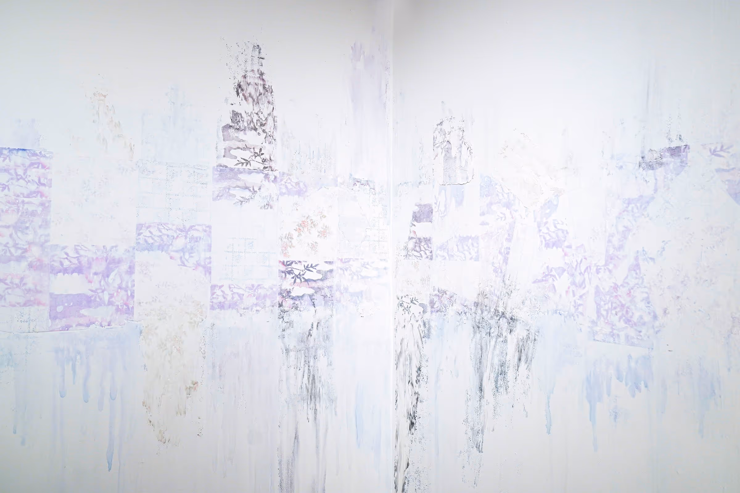 Still lives in transition (Nostalgia without memory III), 2024, Rebar tie-wire, joint compound, printer paper, ink, and inkjet transfers, 44 x 21 x 12 feet