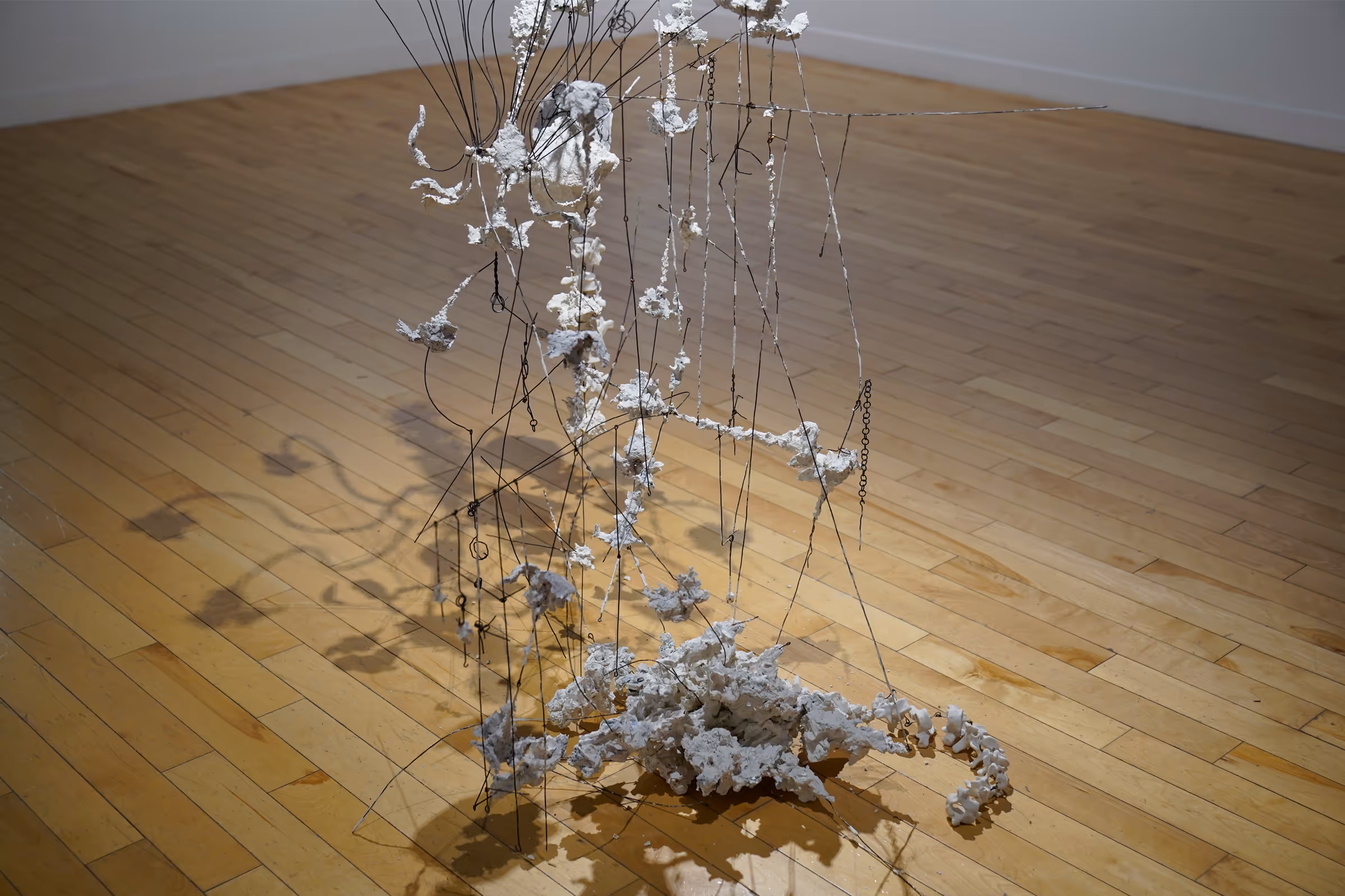 Still lives in transition (Nostalgia without memory III), 2024, Rebar tie-wire, joint compound, printer paper, ink, and inkjet transfers, 44 x 21 x 12 feet