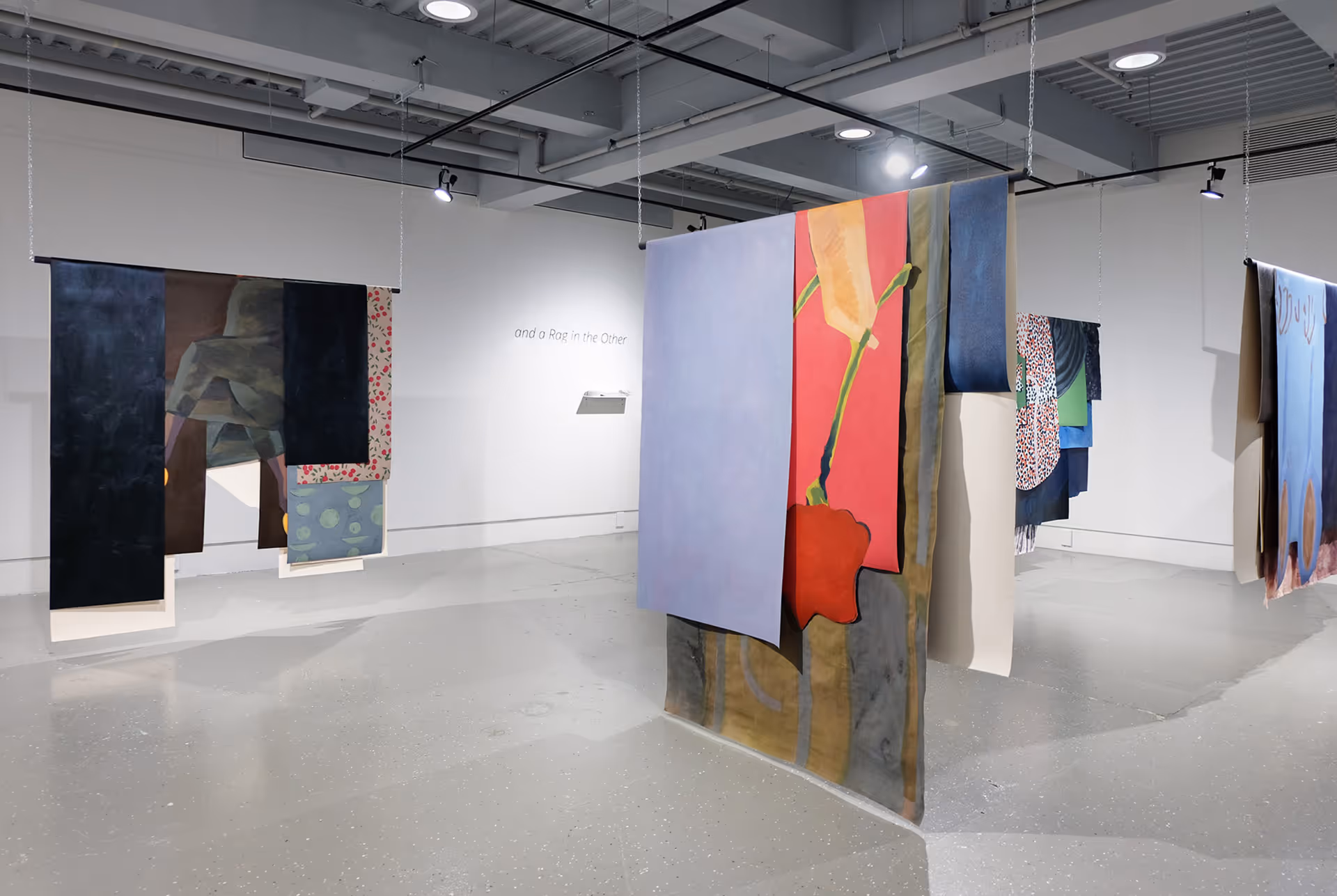 and a Rag in the Other, Alternator Centre for Contemporary Art, 2022 Left: Tangled, 2022, oil and acrylic on canvas, 63"x63" Centre: Rose Offering, 2022, oil and acrylic on canvas and cotton sheet, 61 x 68 inches