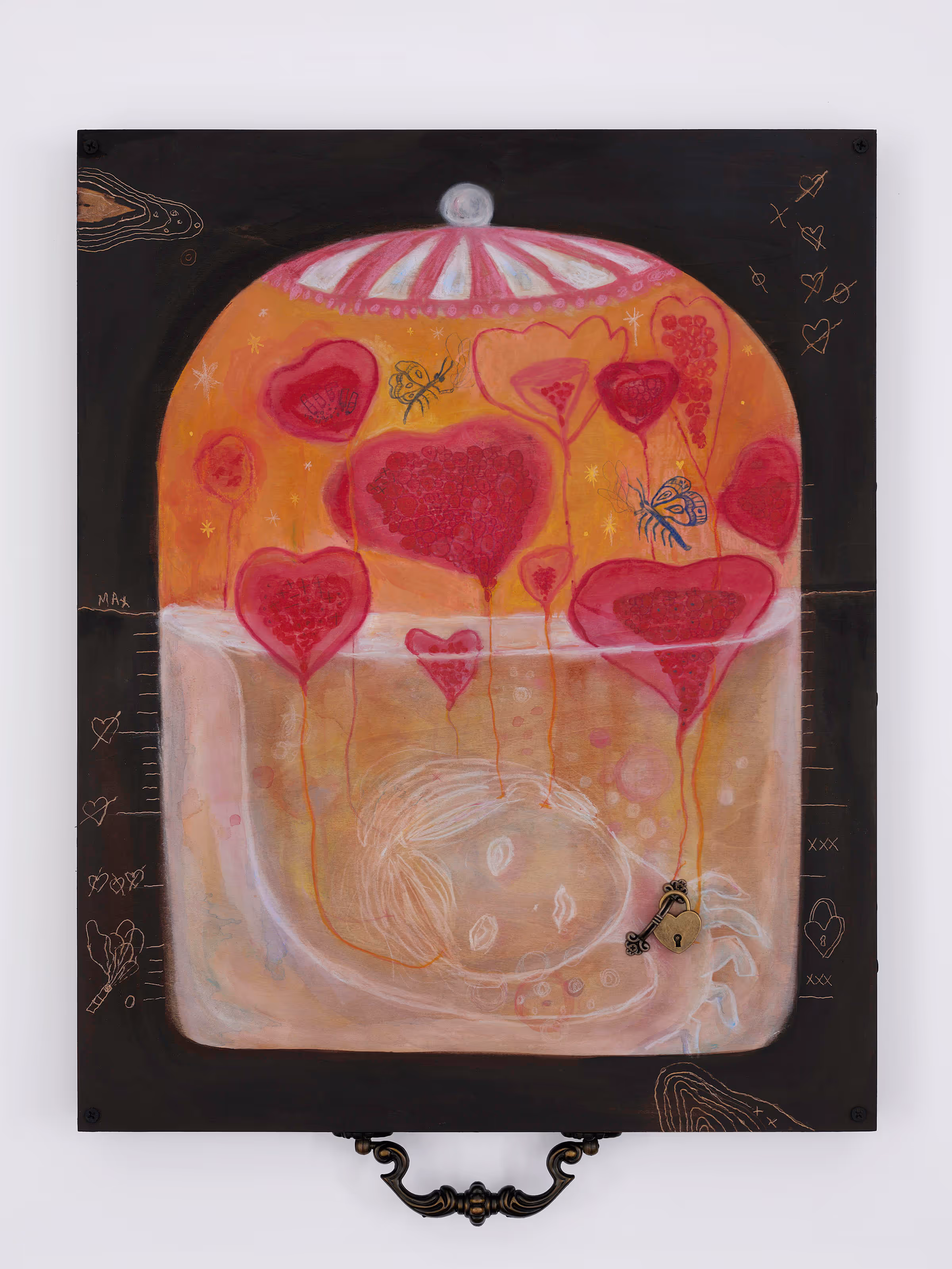 Ailyn Lee, 'Love Jar',  2026, water-soluble pastel, acrylic, colored pencil, wood stain, drawer handle, lock, wood screw on engraved panel, 16×20×2".