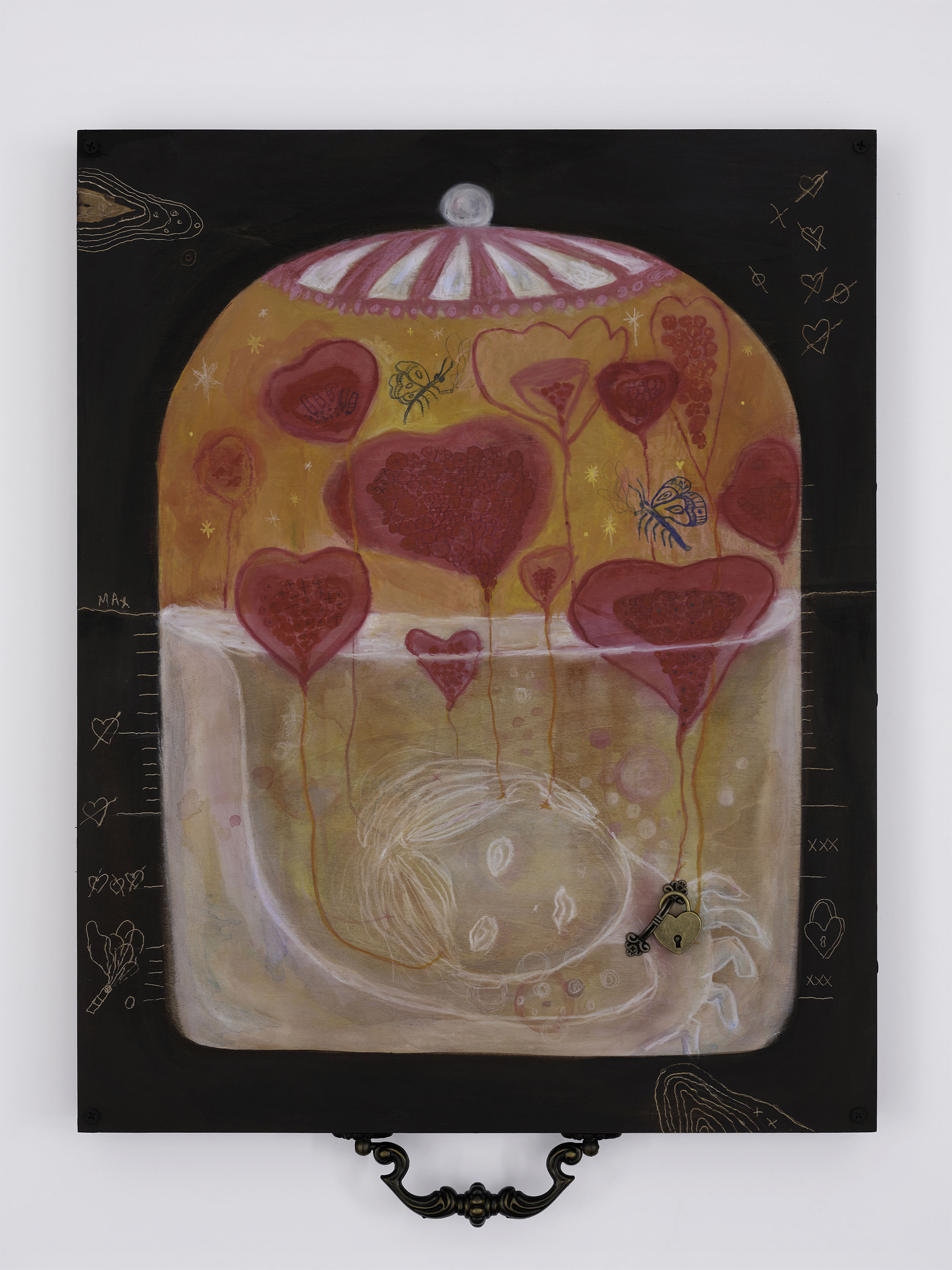 Ailyn Lee, 'Love Jar',  2026, water-soluble pastel, acrylic, colored pencil, wood stain, drawer handle, lock, wood screw on engraved panel, 16×20×2".