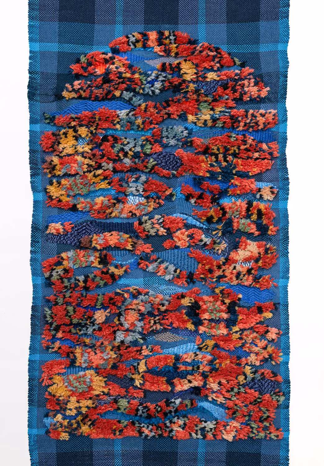 Peyton Peyton, 'I bow to your fate (detail)', 2024, Plaid woven from blue carpet warp, incorporated parts from a deconstructed rug, 26” x  99” 