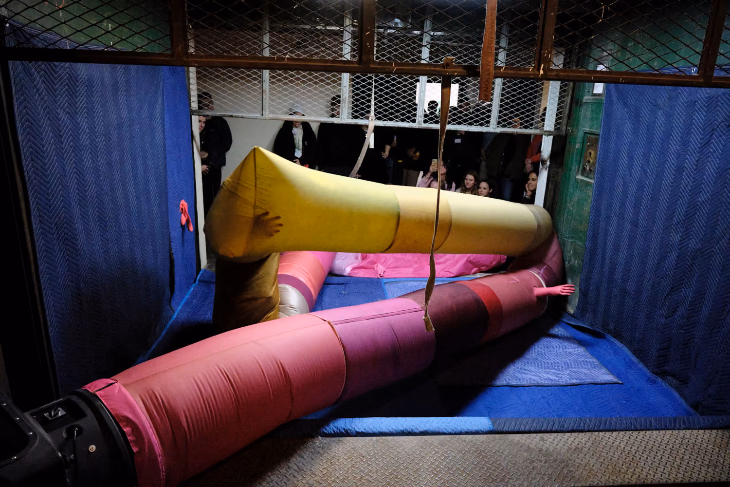 Peyton Peyton, 'worms in my mouth again', 2024, Dyed nylon, zippers, velcro, rubber gloves, two air blowers, interval timers, Performance image 1 of 2 