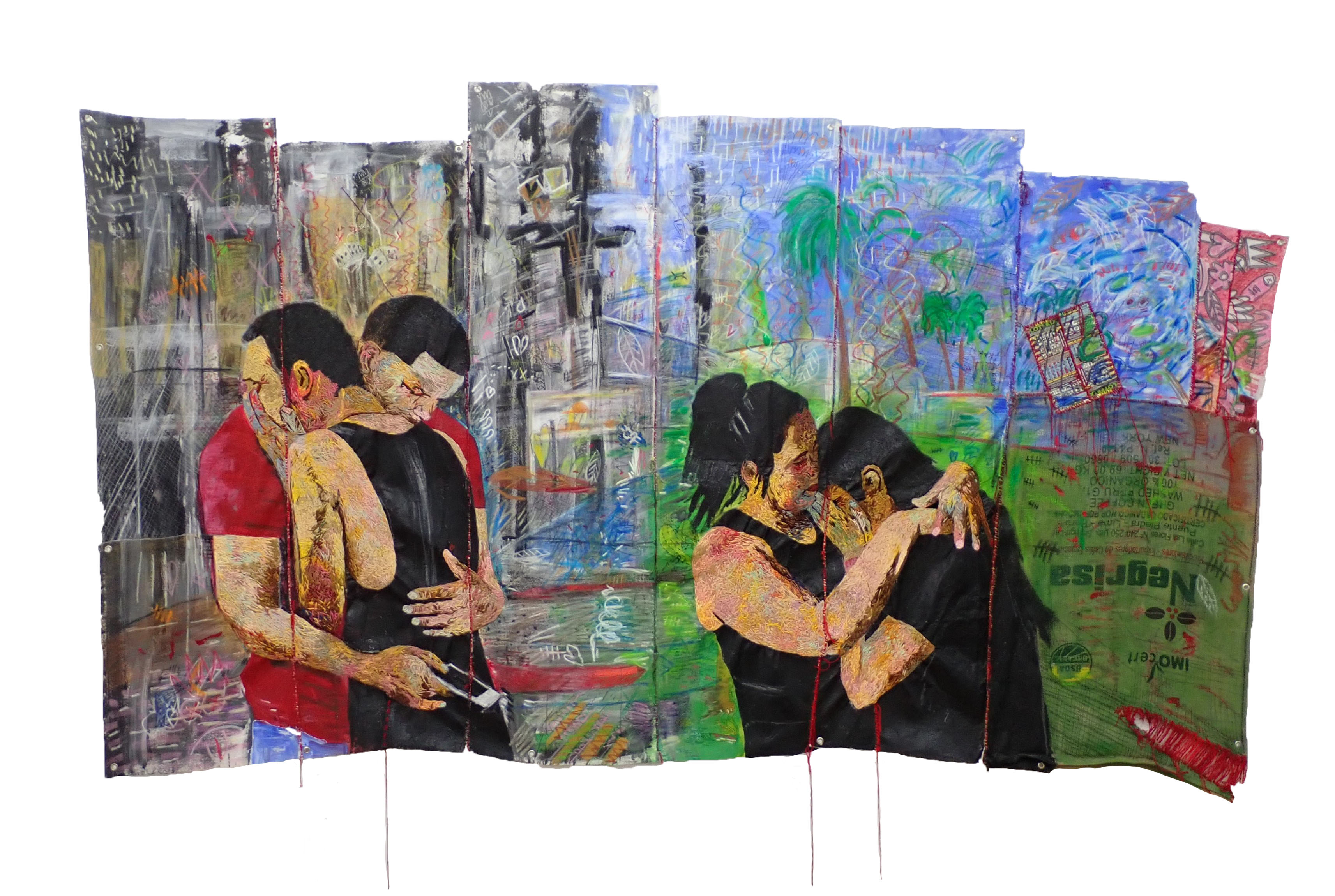 Mateo Gutiérrez, 'And I Feel Fine / Y Me Siento Bien (#7)', 2025-2026, hand-embroidered thread, acrylic paint, oil pastel, colored pencil, marker and lottery tickets on tear-away stabilizer and a commercial burlap coffee bag.