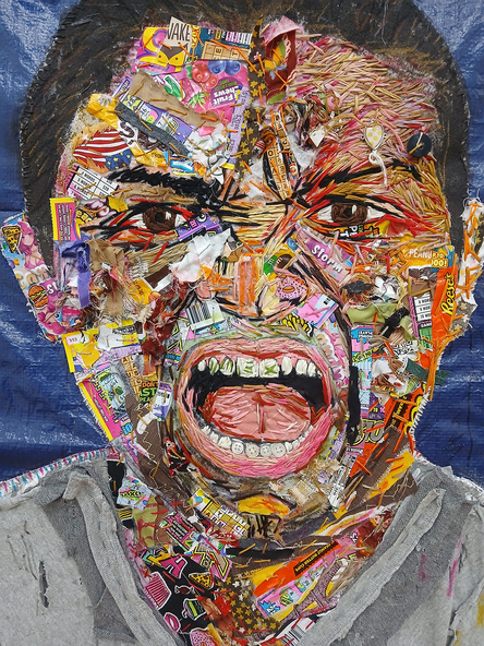 Mateo Gutiérrez, 'Your Capitalism Is Fucking Killing Us' (Part 1, #2), 2026. Humberto Morales Santiz a 13-year old child killed by extrajudicial execution on February 28, 2017 by a paramilitary group called Los Petules. He was assassinated for being a member of the FNLS, embroidery thread, buttons, various fabrics, lottery tickets, food wrappers, acrylic paint, marker, color pencil on tear-away stabilizer on plastic tarp 33 x 26 in.