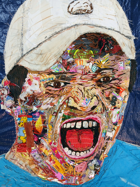Mateo Gutiérrez, 'Your Capitalism Is Fucking Killing Us (Part 1, #3)', 2026, Victor Alfonso Pérez López, assassinated on December 10, 2017, by a paramilitary group. He was assassinated for being a member of the FNLS, embroidery thread, buttons, various fabrics, lottery tickets, food wrappers, acrylic paint, marker, color pencil on tear-away stabilizer on plastic tarp 33 x 26 in.