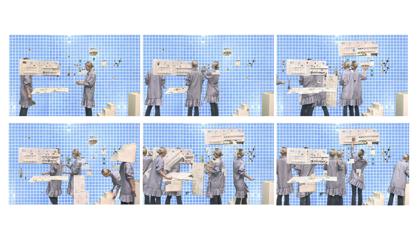 Zixi Wang 'A System-Fed Movement Experiment Take 1.2.3.4.5....' 2025. Green screen, plaster, rice, video performance Duration: 6:13
