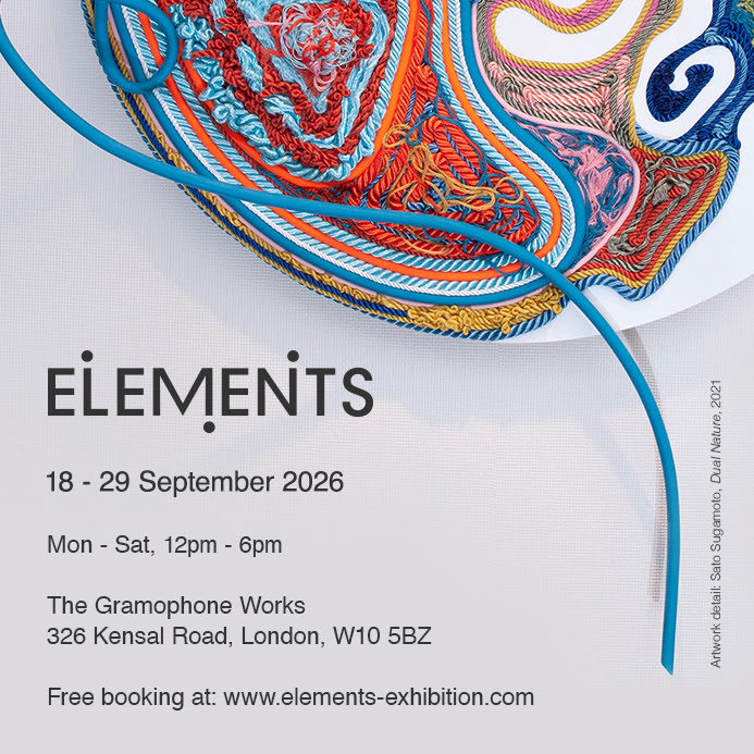 Poster for ELEMENTS, 18–29 September 2026, The Gramophone Works, 326 Kensal Road, London, over a detail of a colorful rope and cord artwork.