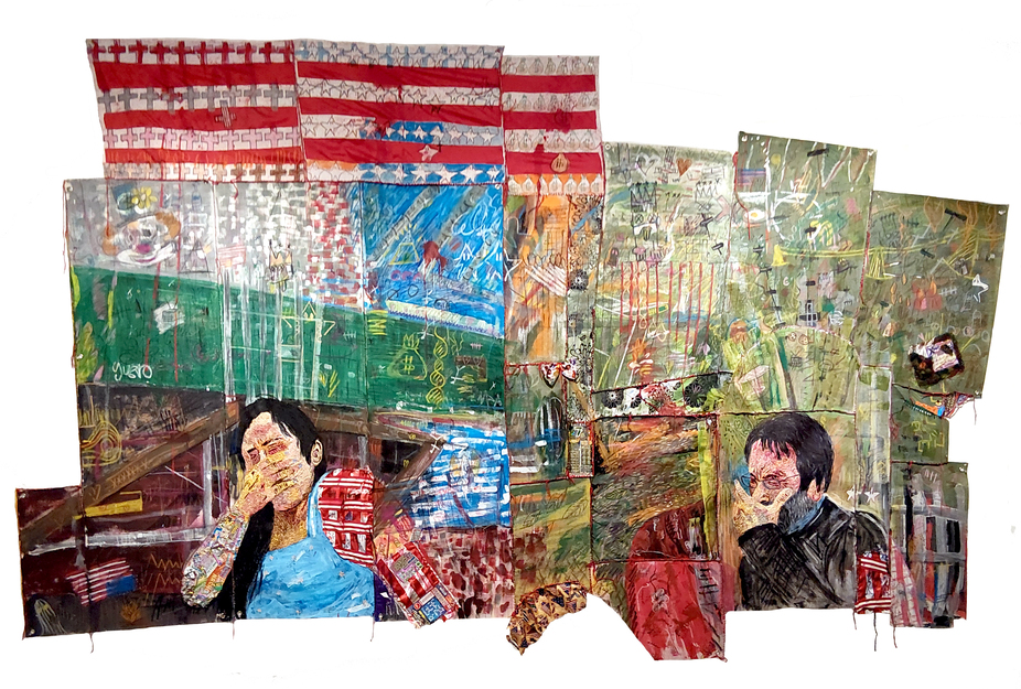 Mateo Gutiérrez, And I Feel Fine / Y Me Siento Bien (#8), 2025-2026: collage of wrappers and tickets with American-flag stripes and two seated figures covering their mouths.