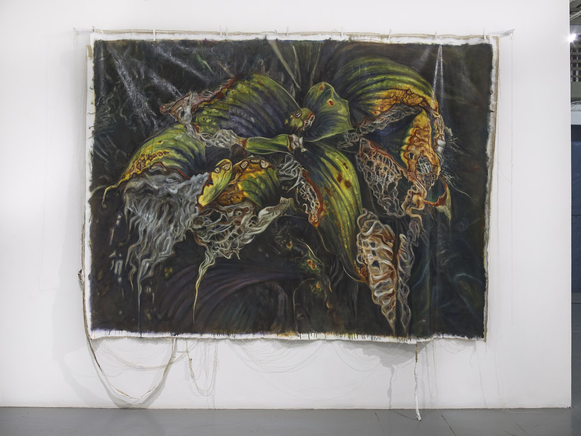 Aviv Grinberg, Second Nature, First Nature, 2026. Photographed by Max Yawney. Image description: A large unstretched canvas pinned to a white wall, painted with dark green, curling leaves and pale lacy forms, loose threads hanging below.