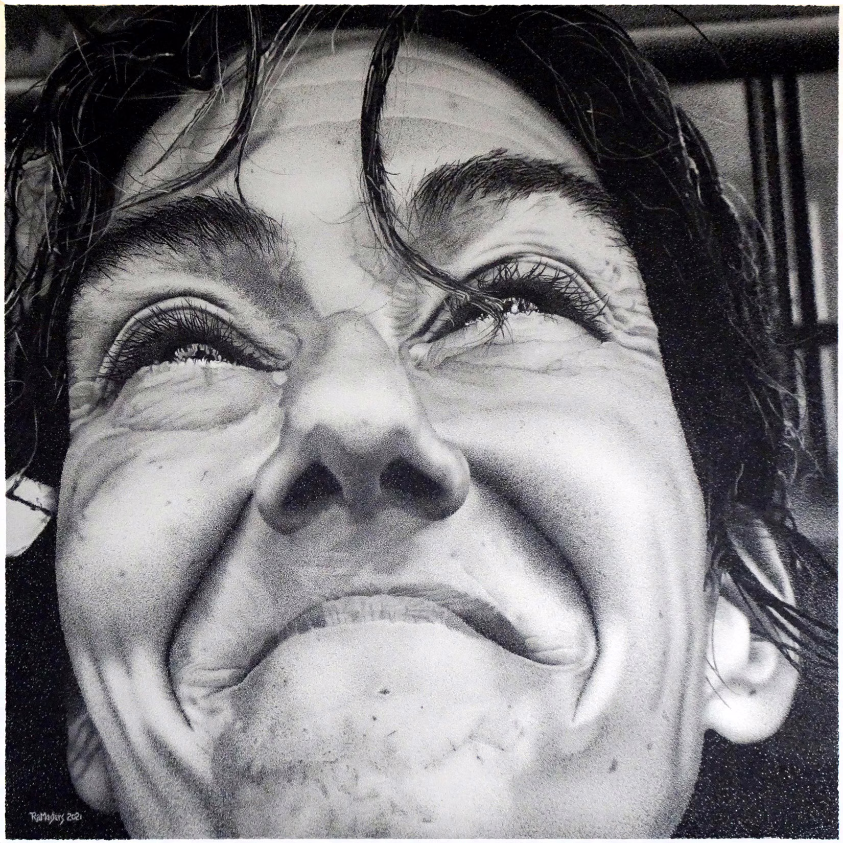 Work by Richard Masters: black-and-white drawing, close up, of a smiling person with damp dark hair seen from below.